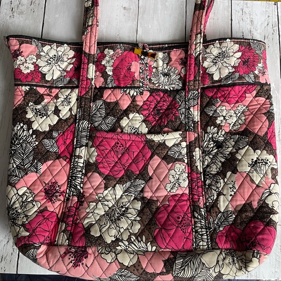 PREOWNED VERA BRADLEY PINK FLORAL TOTE BAG SHOULDER PURSE BROWN - Picture 1 of 10
